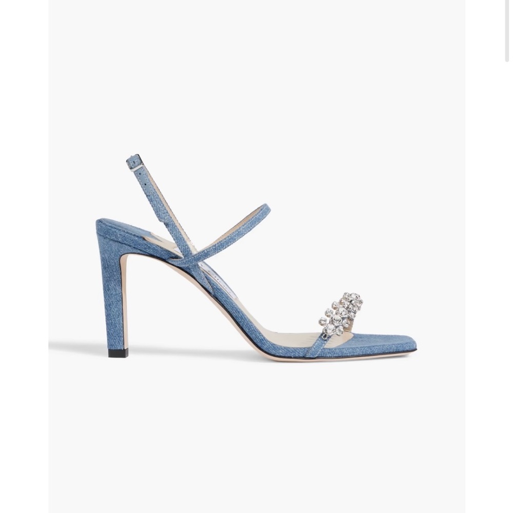 Meira 85 crystal-embellished denim slingback sandals